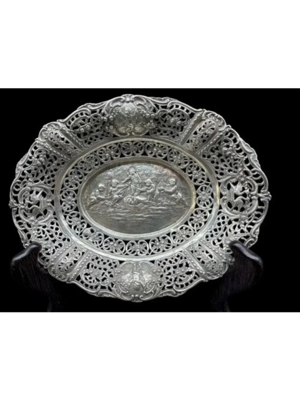 Antique German 800 Silver Cherub Scene Reticulated Bowl 7 1/2